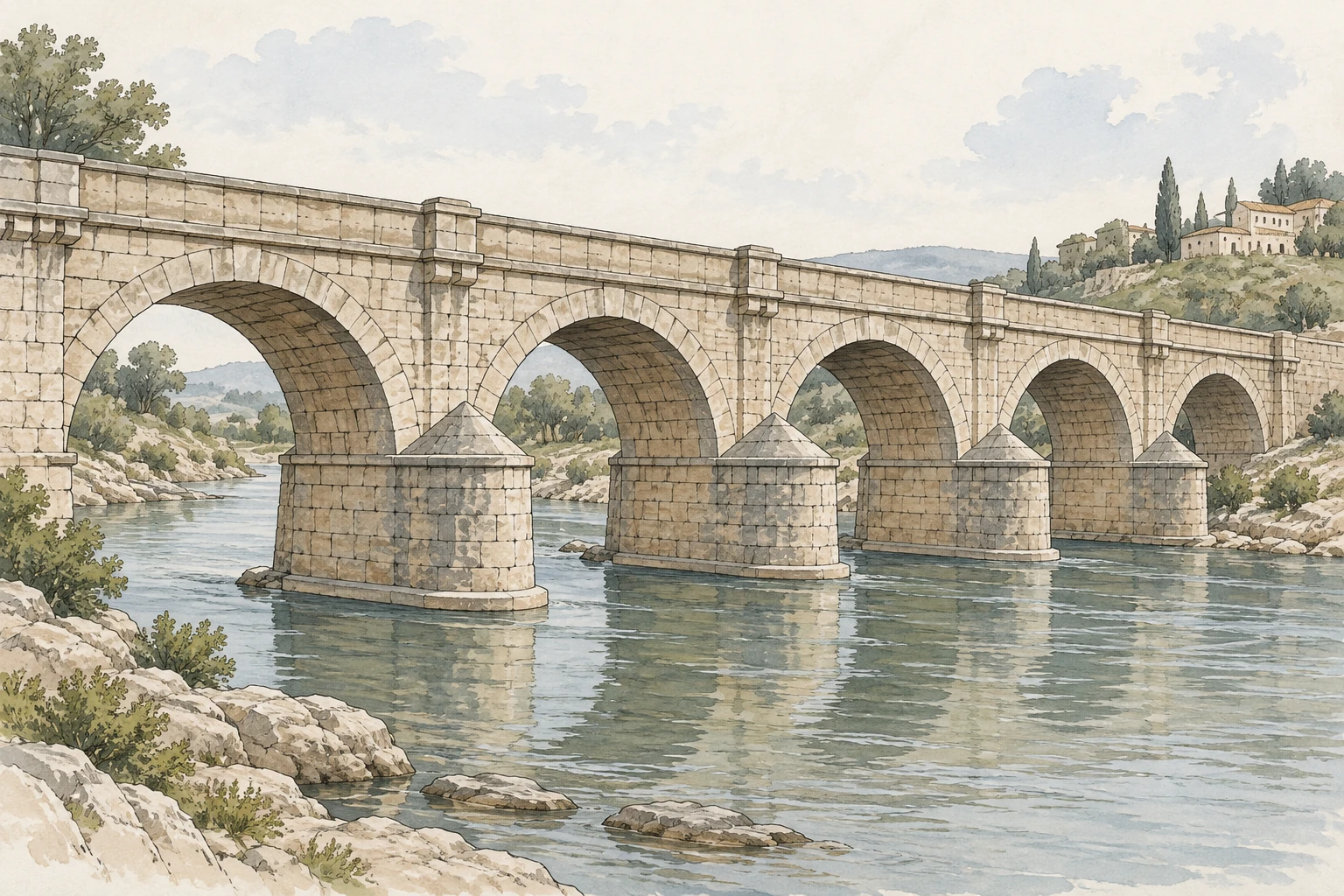 Ponte di pietra generico con più archi e pile in un fiume, visto lateralmente.