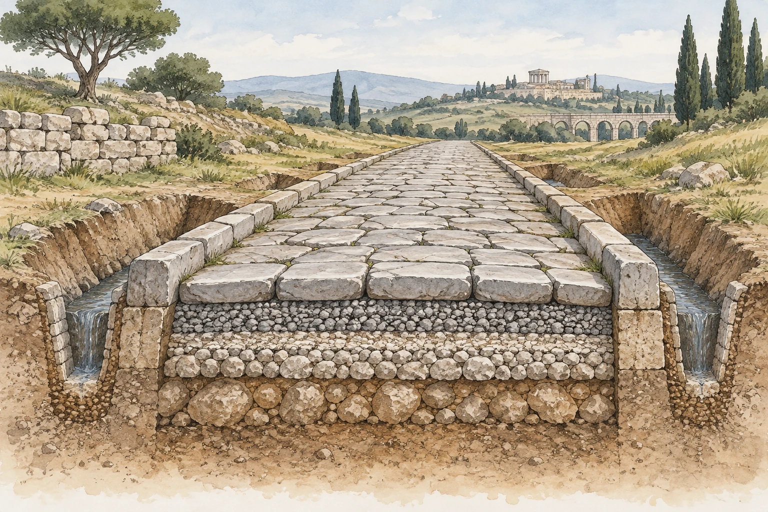 Sezione illustrativa di strada lastricata con preparazione sottostante e scoli laterali.