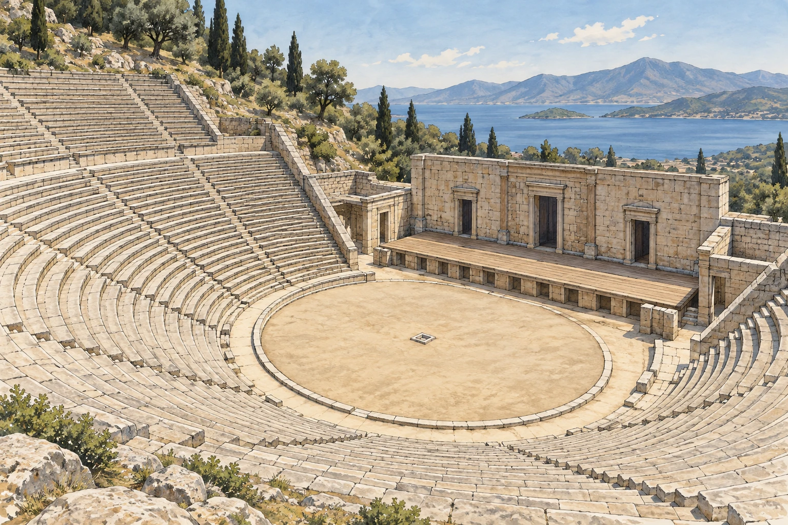 Vista obliqua di un teatro greco generico con gradinate, orchestra aperta e spazio scenico.