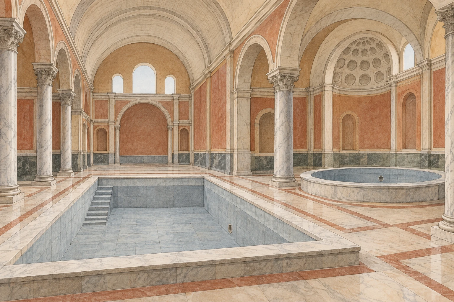 Interno immaginario di edificio termale romano vuoto con due vasche e sale voltate.