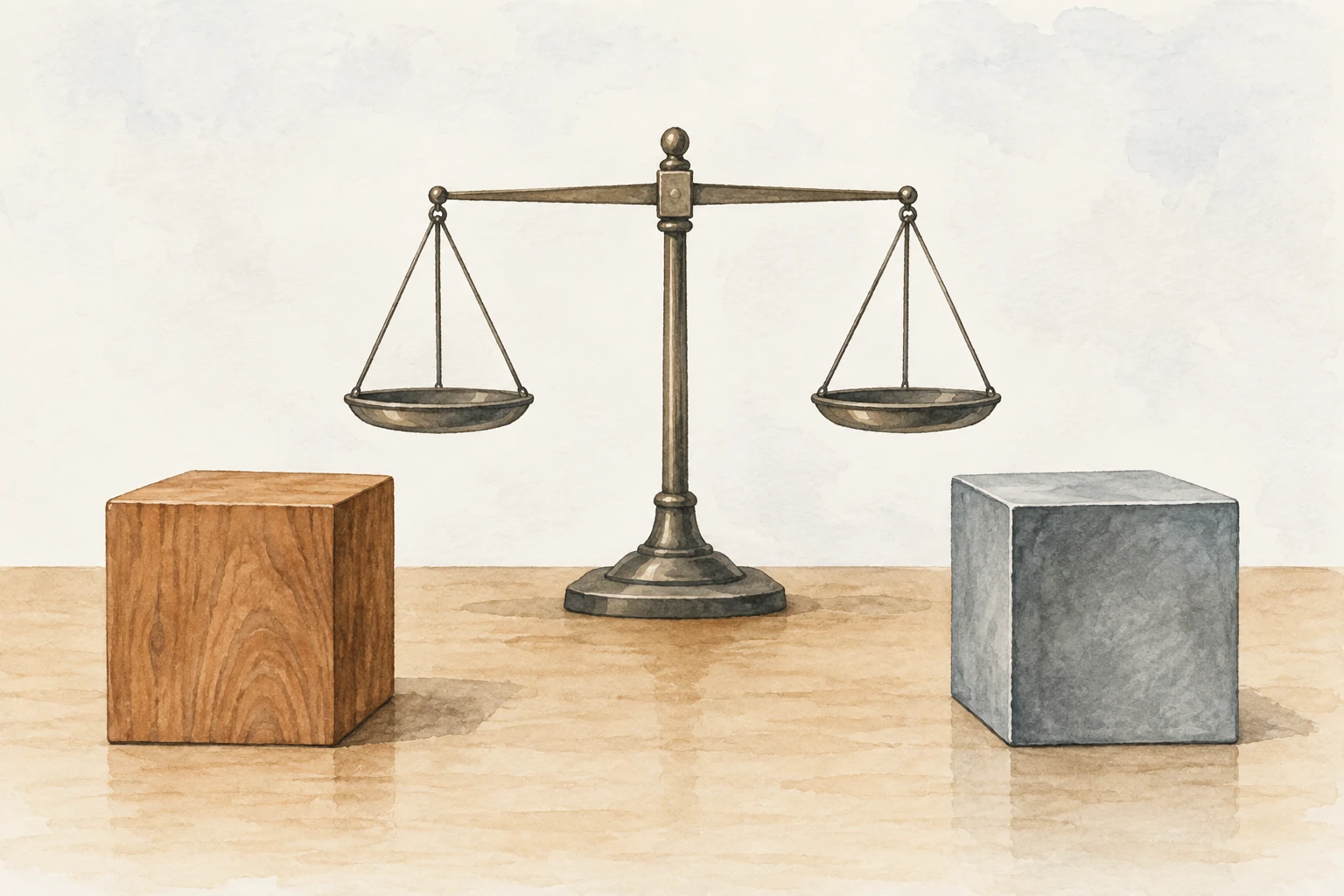 Due cubi apparentemente di volume simile e materiali diversi davanti a una bilancia vuota.