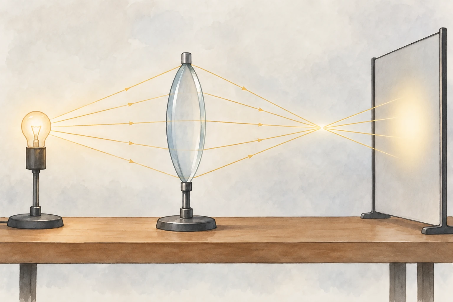 Lampada, lente convergente e schermo oltre il punto di incontro dei raggi; sullo schermo compare soltanto una macchia luminosa sfocata.