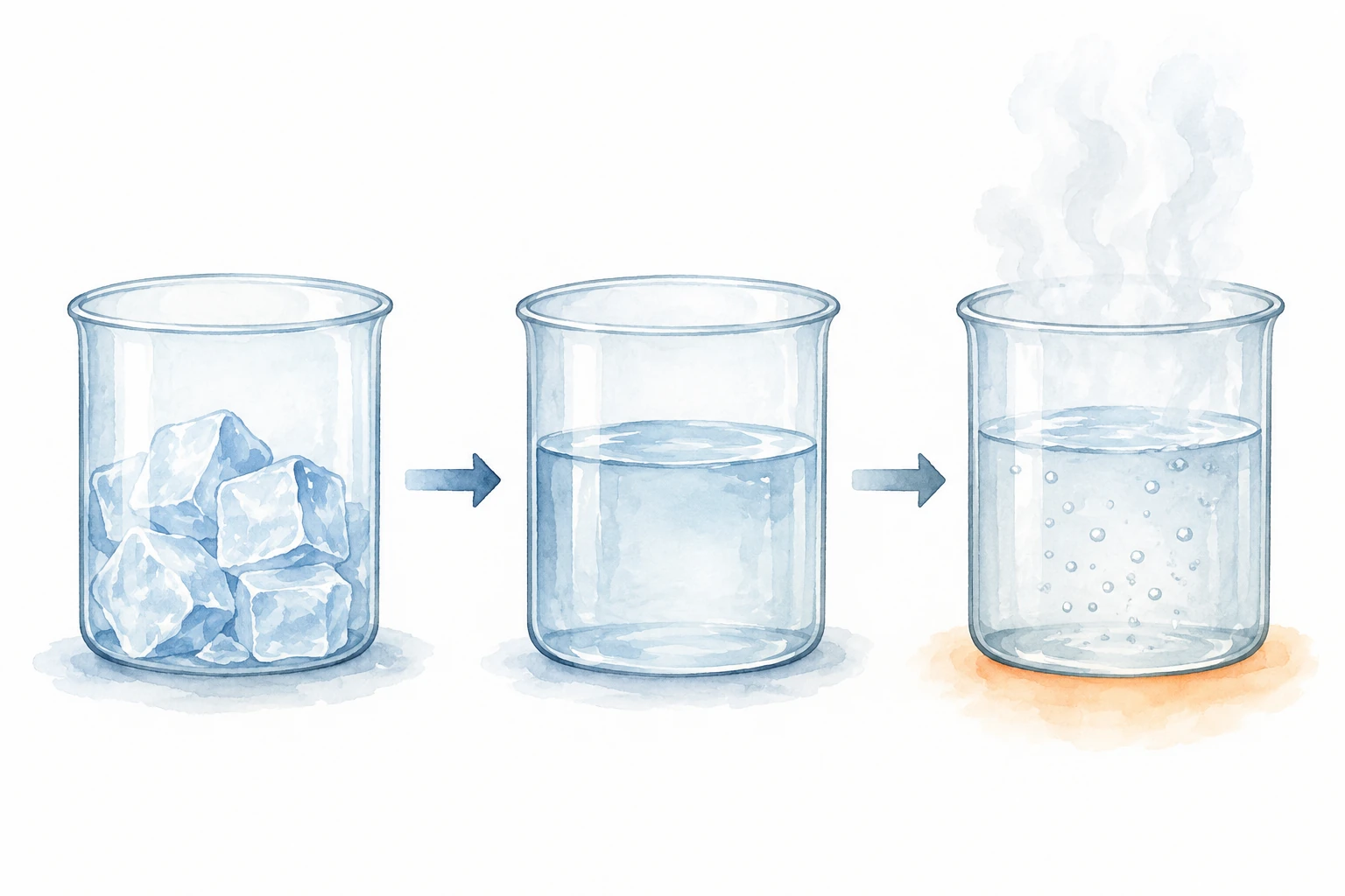 Tre recipienti illustrativi con ghiaccio, acqua liquida e acqua scaldata con vapore.