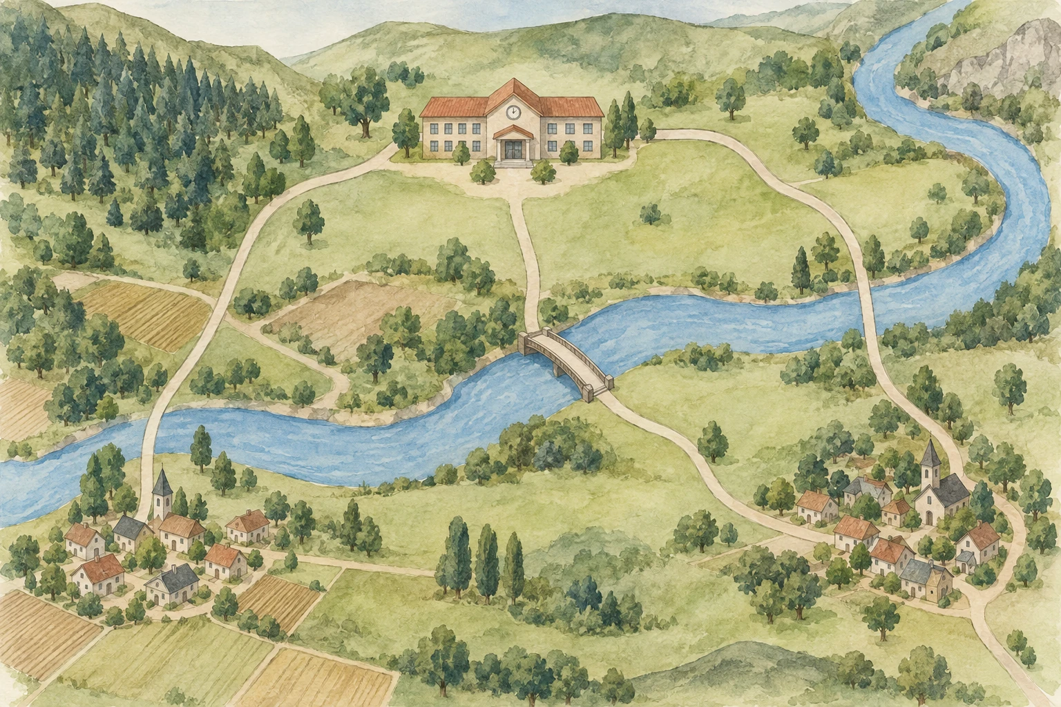 Mappa illustrativa di due villaggi e una scuola separati da fiume con un ponte.