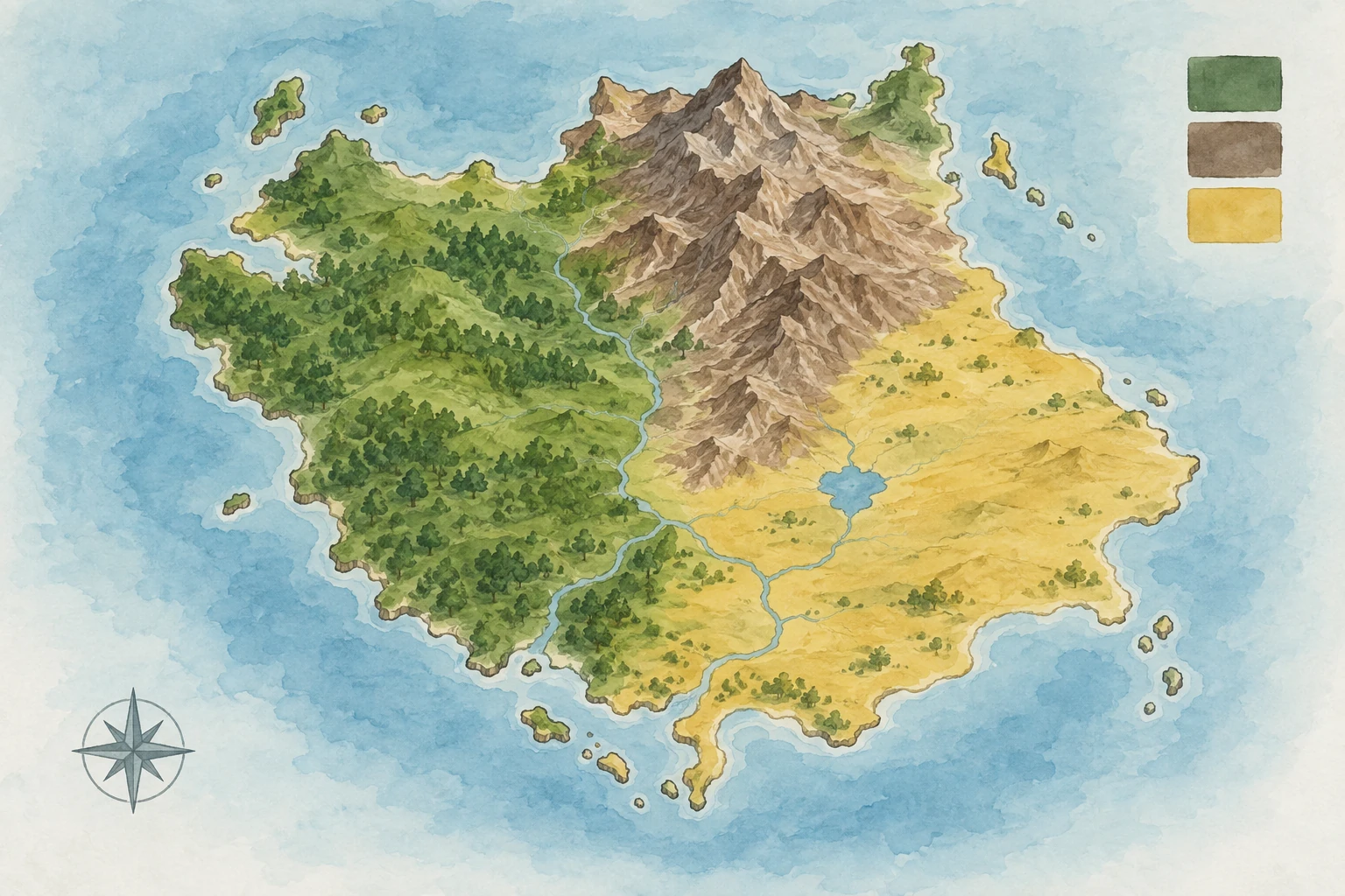 Isola immaginaria divisa in zone colorate, con alberi illustrativi e campioni cromatici senza etichette.