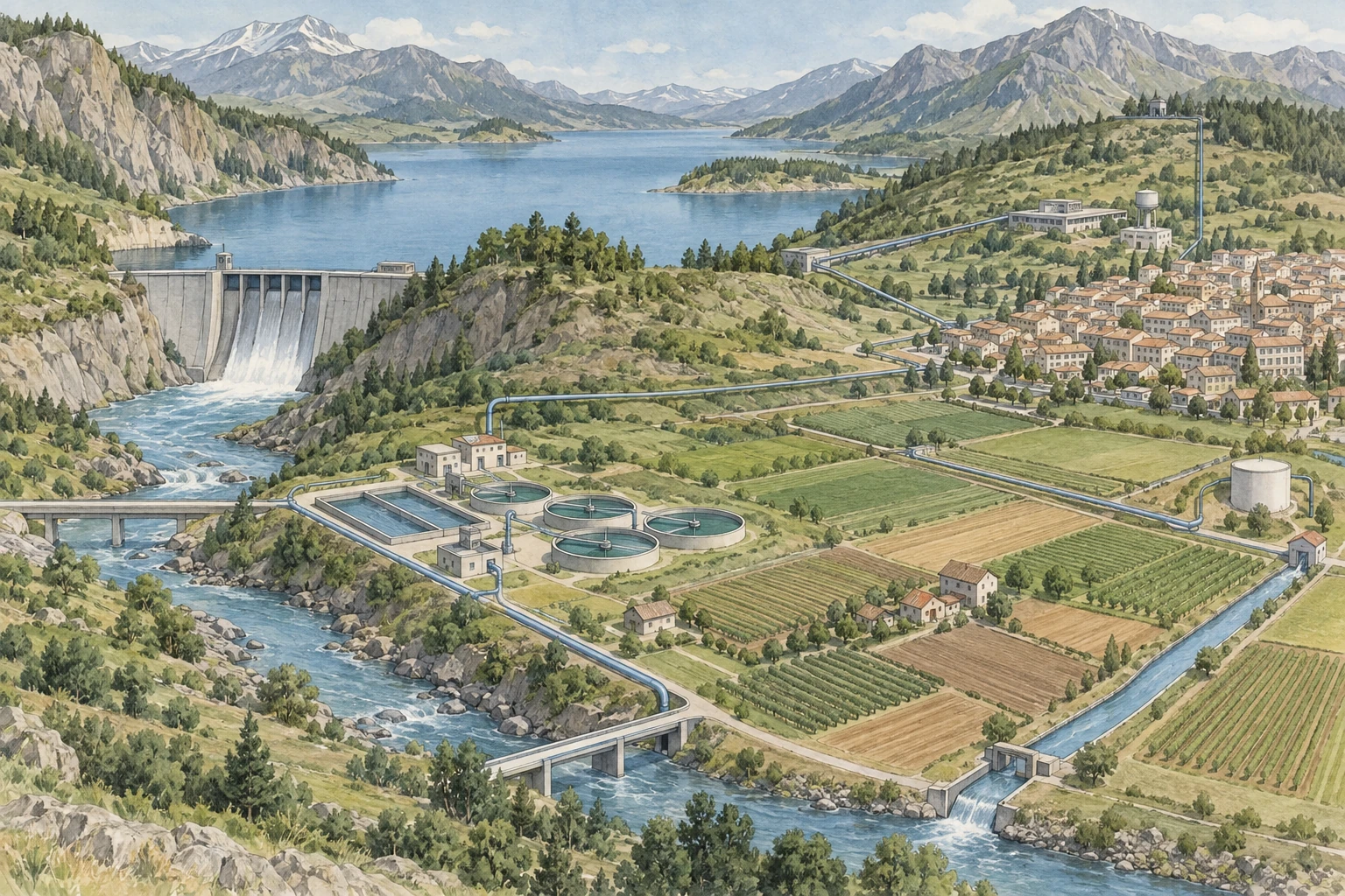 Valle inventata con invaso, campi, città e infrastrutture di collegamento.