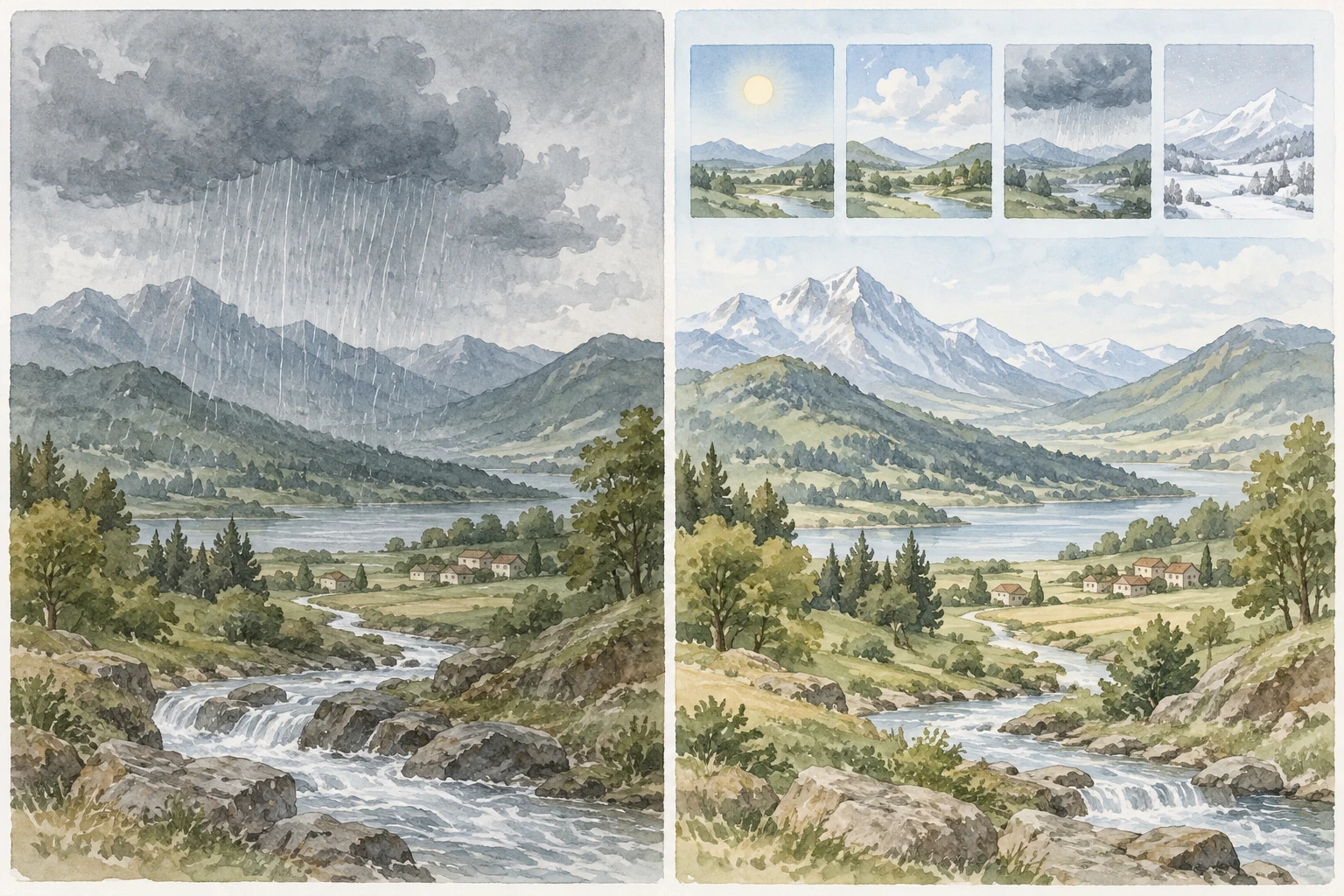 Paesaggio generico con un episodio di pioggia e vignette stagionali illustrative.