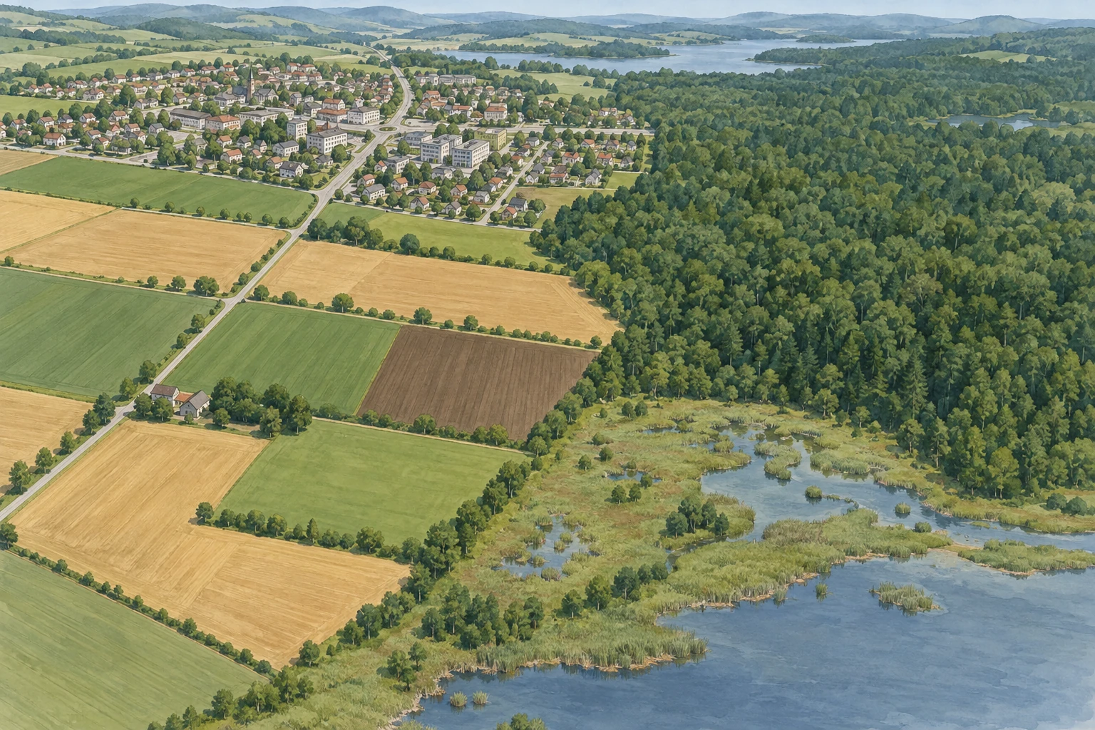 Paesaggio inventato visto dall'alto con abitato, campi, bosco e zona umida.