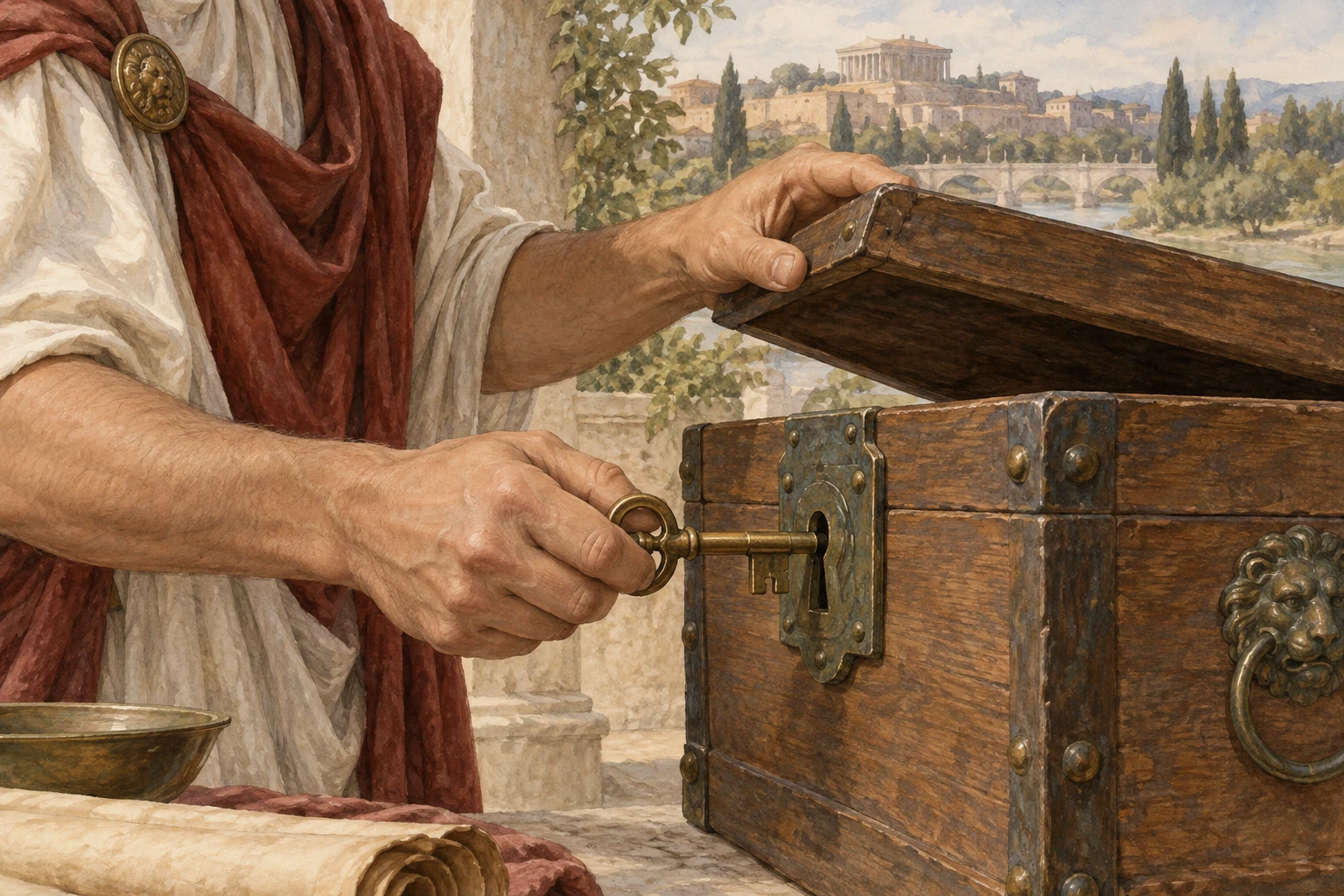 Una mano apre un baule usando una chiave di bronzo in una scena storica generica.