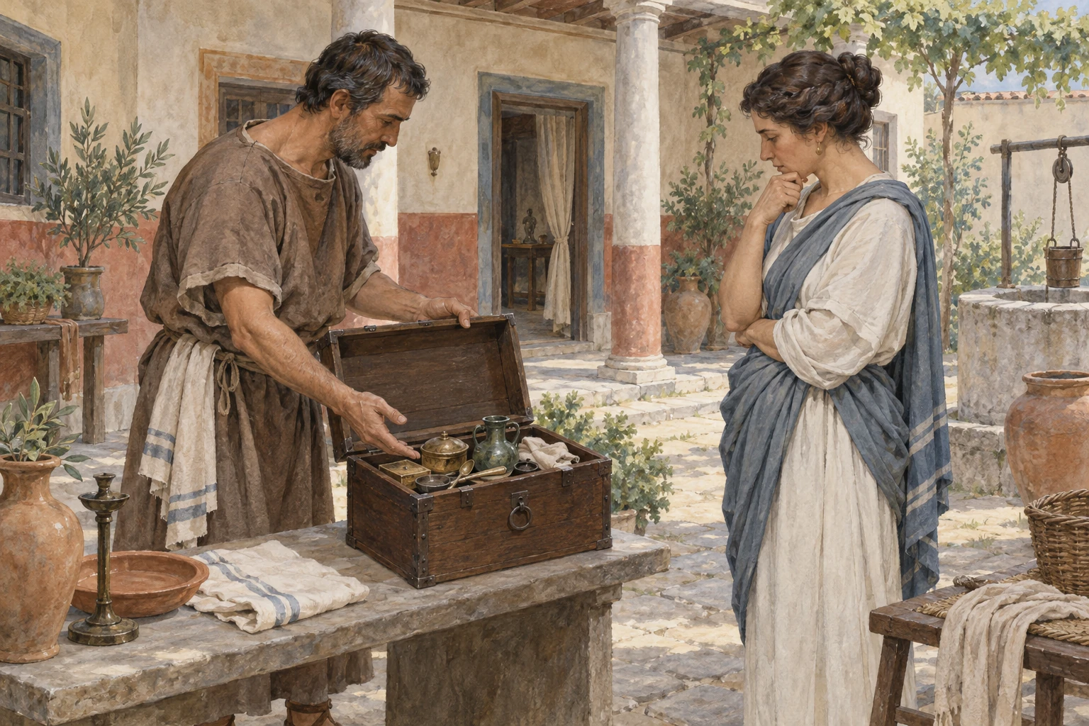 Due persone osservano un baule di oggetti in un cortile romano generico.