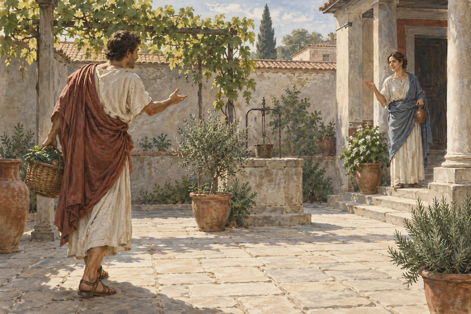 Due persone comunicano da lati diversi di un cortile antico generico.