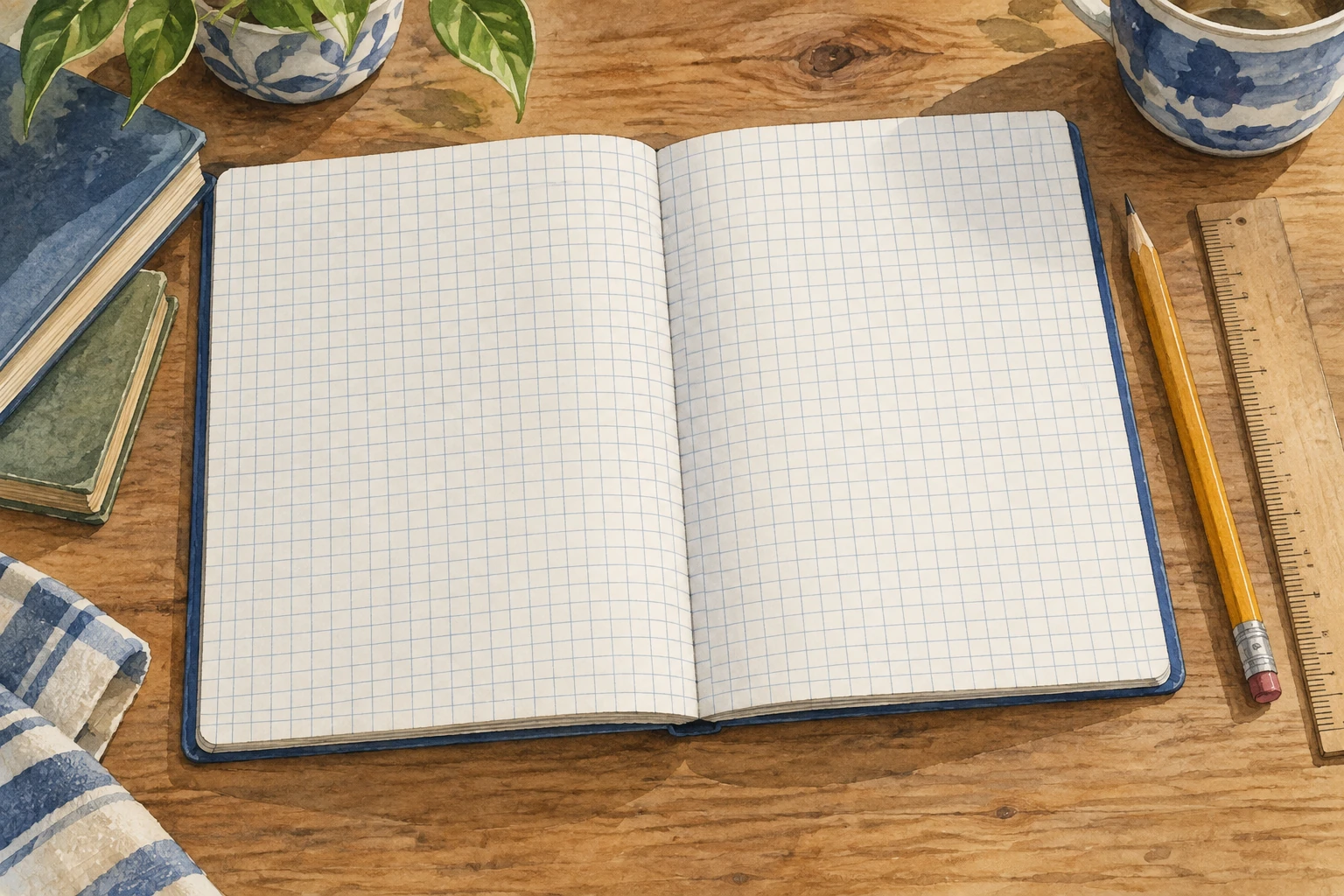Quaderno con griglia vuota, matita e righello.