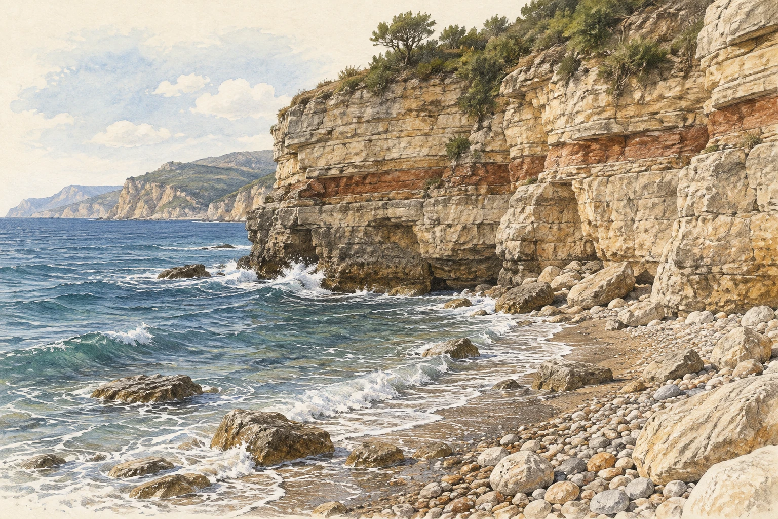 Costa rocciosa e spiaggia generiche con onde.