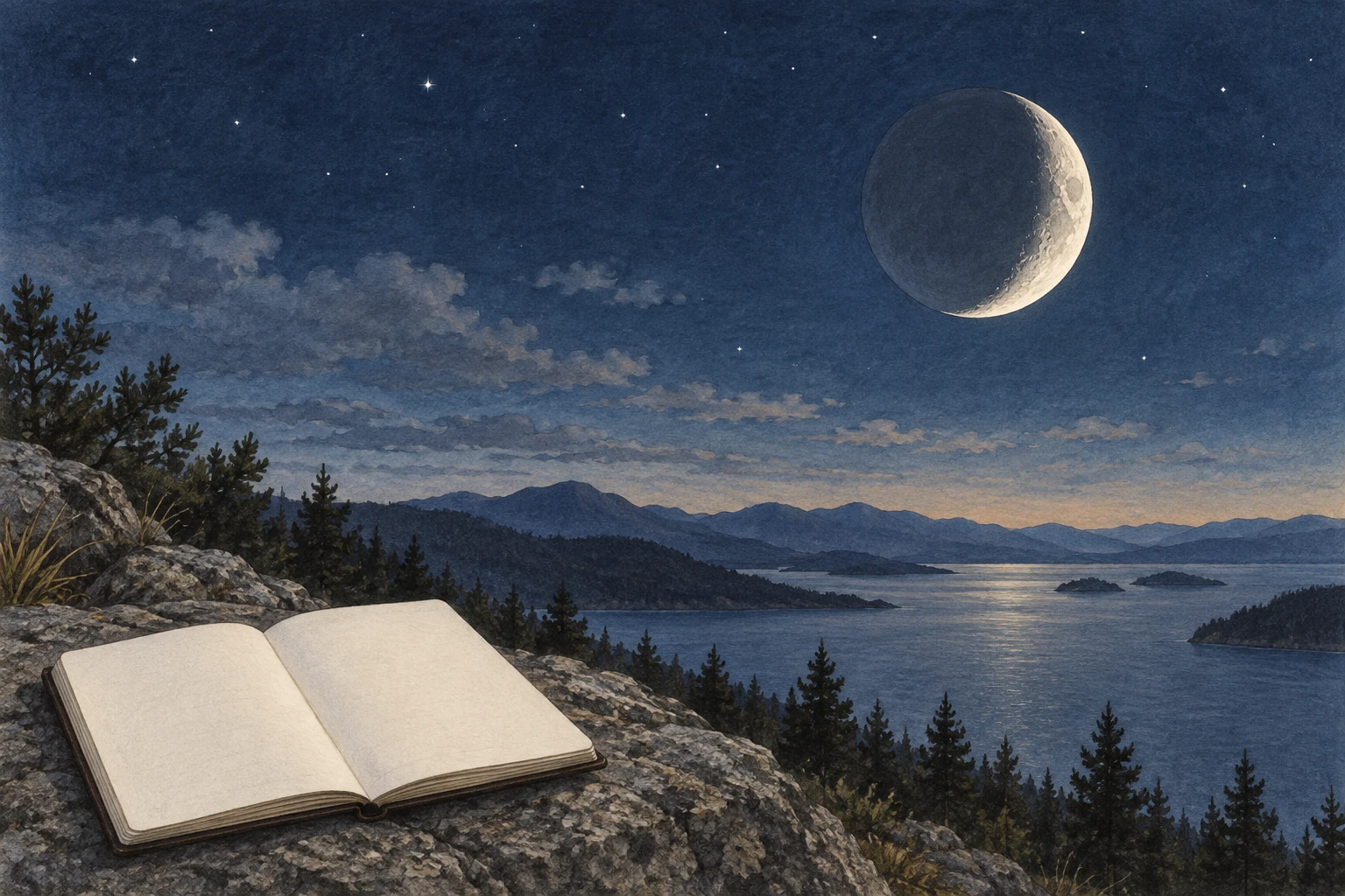 Falce lunare illustrativa nel cielo notturno, senza schema orbitale.