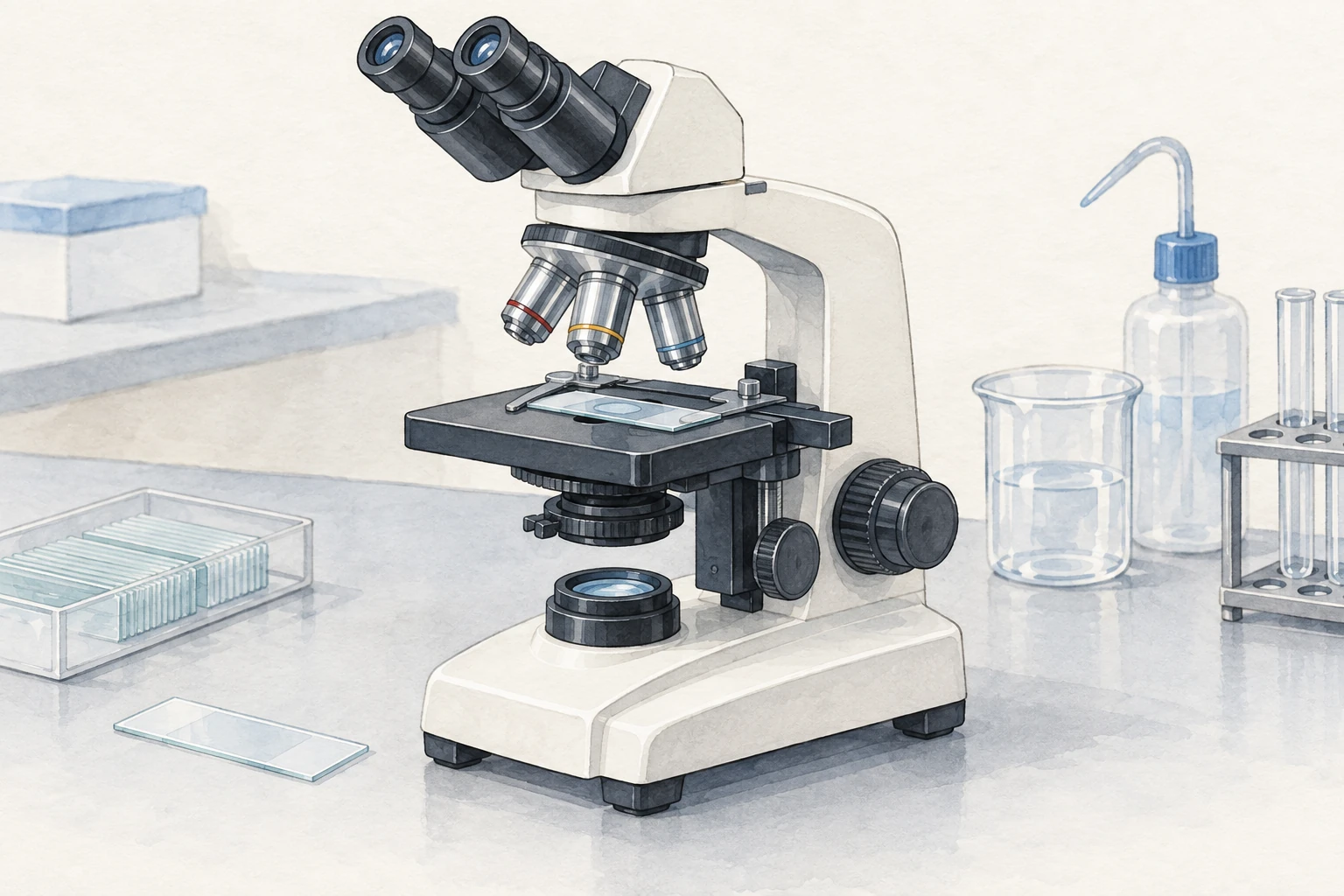 Microscopio ottico composto e vetrino su un banco di laboratorio, privi di valori di scala.