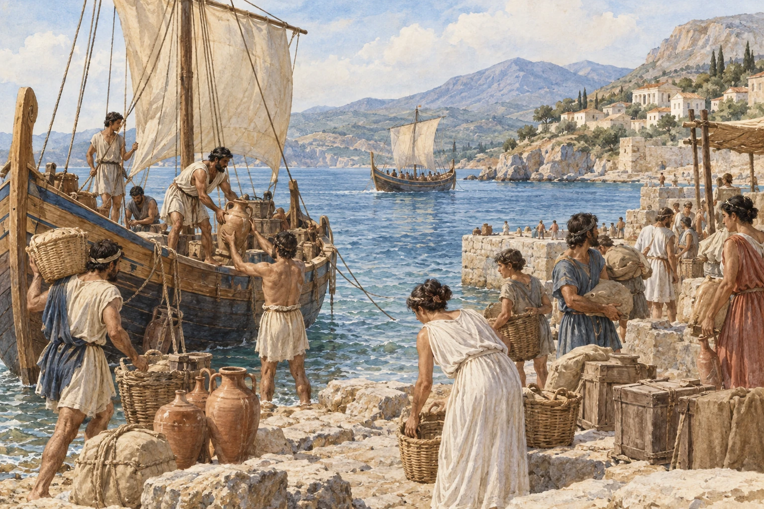 Costa mediterranea con approdo e insediamento generici.