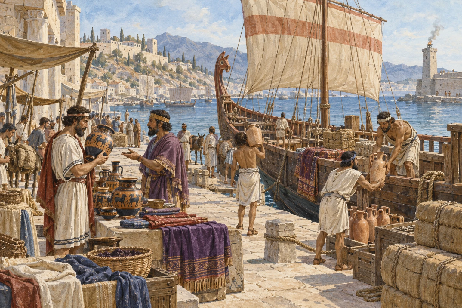 Imbarcazione antica generica presso un approdo mediterraneo.