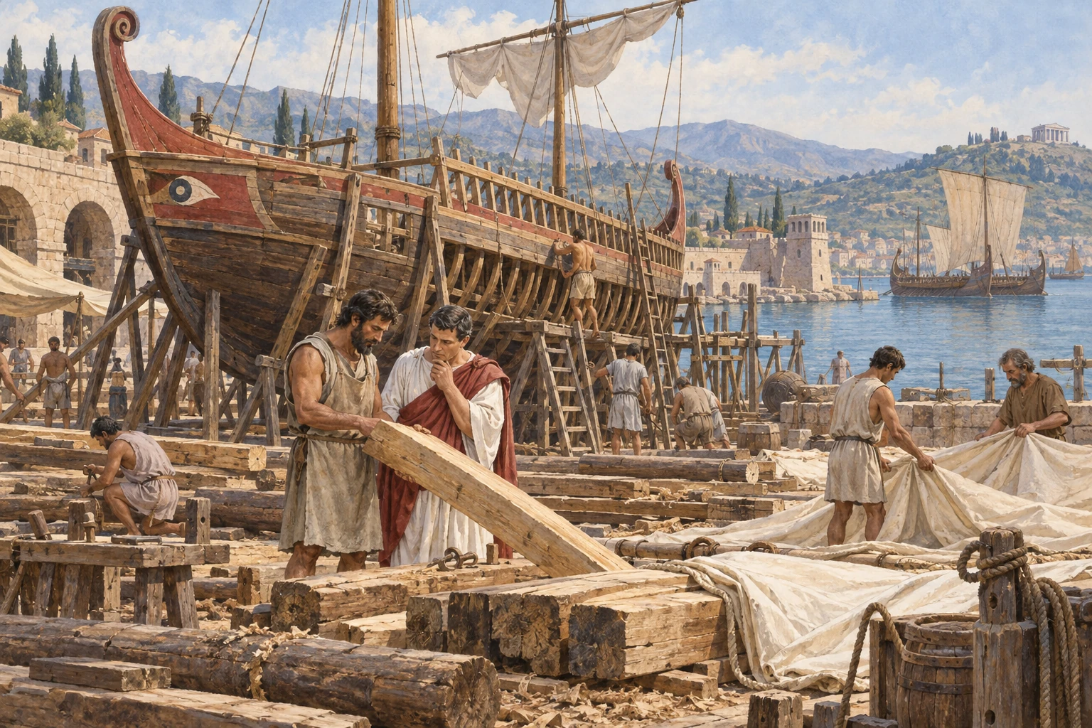 Cantiere navale antico con una nave in costruzione e altre imbarcazioni sullo sfondo.