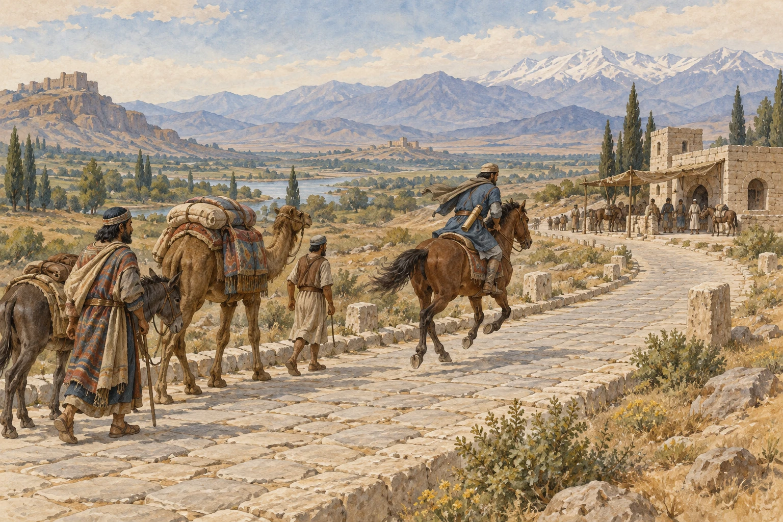 Strada antica e messaggero in paesaggio generico.