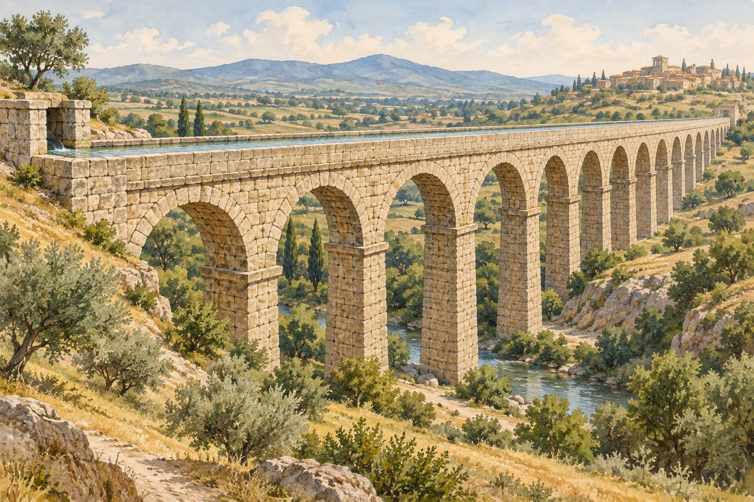 Acquedotto romano generico ad arcate con canale superiore.