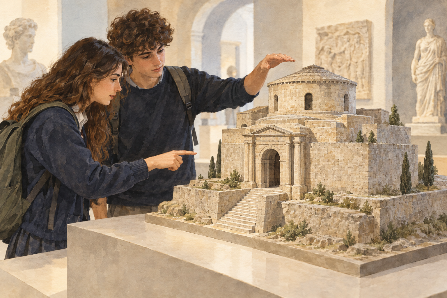 Due studenti osservano un modello architettonico immaginario in museo.