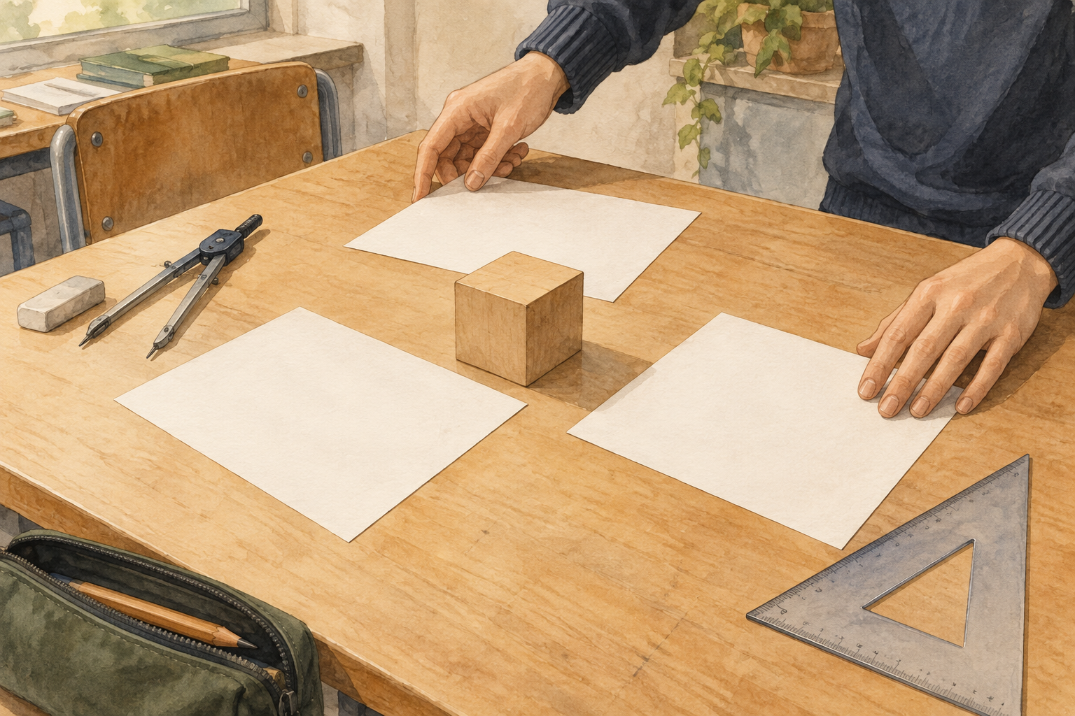 Cubo di legno e tre fogli vuoti su un tavolo da disegno.