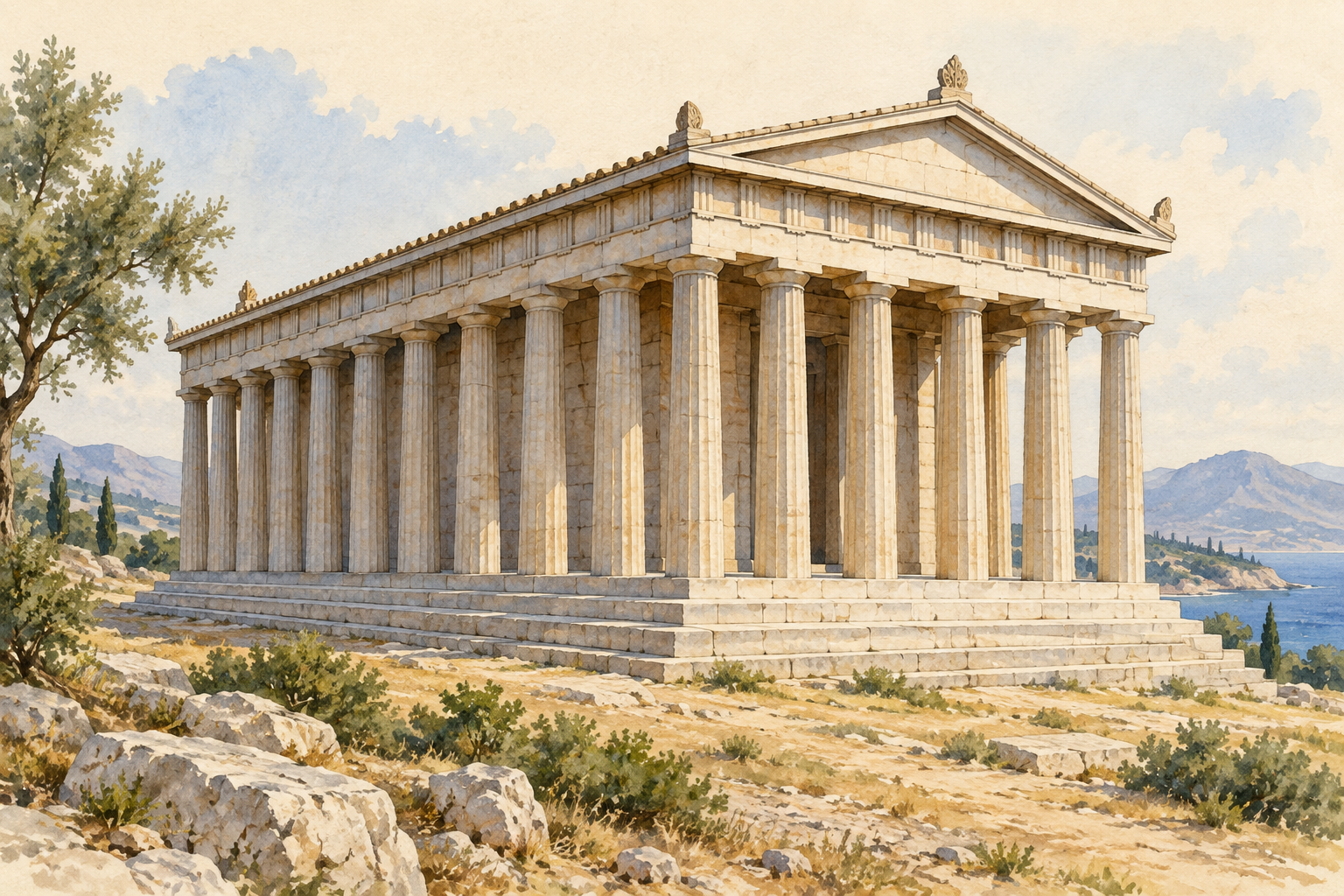 Ricostruzione generica di un tempio greco con colonne intorno alla cella.