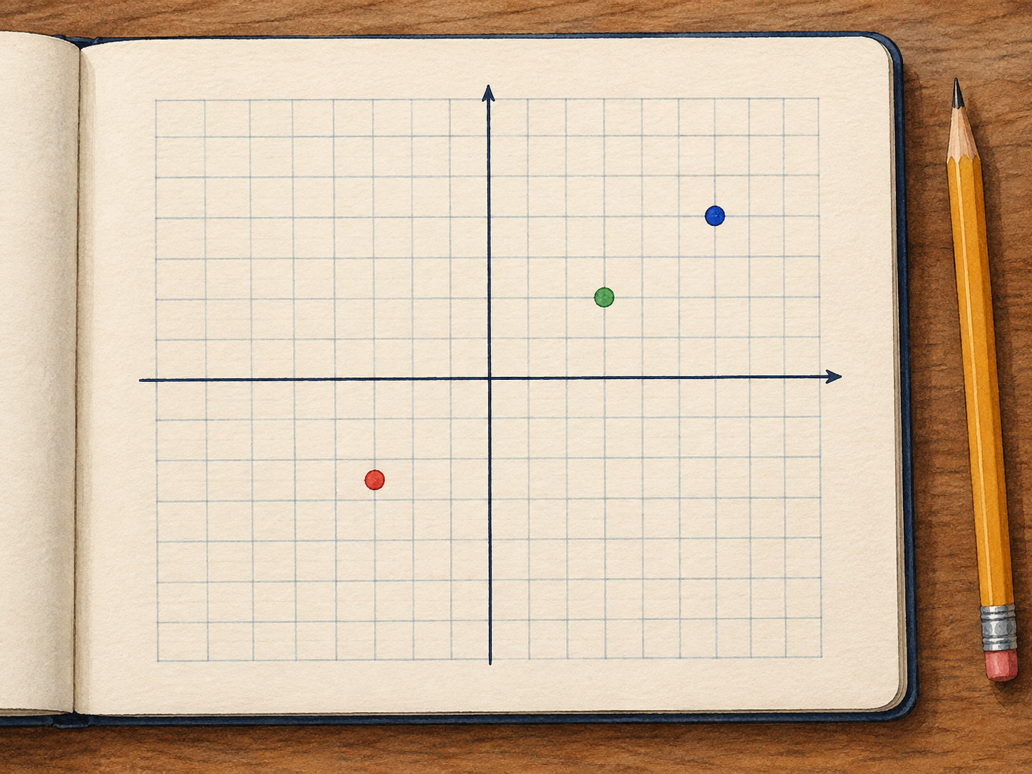 Quaderno con una griglia cartesiana senza etichette e tre punti colorati, accanto a una matita.