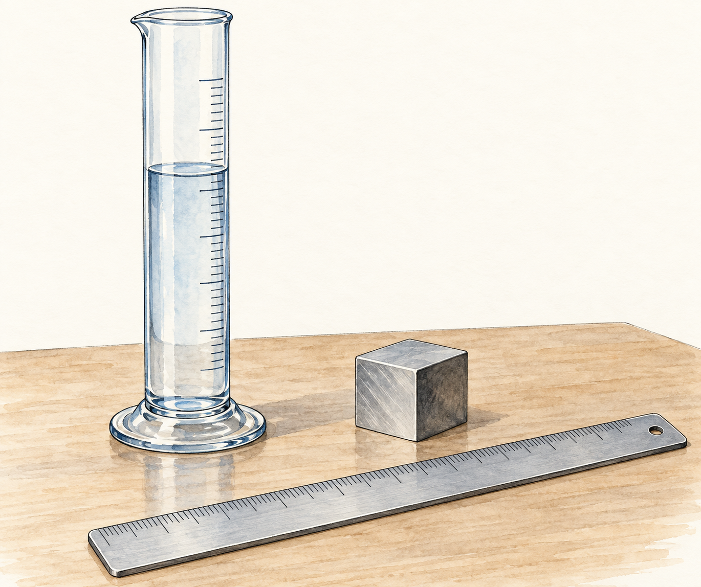 Cilindro graduato con acqua, righello e cubo metallico su un banco.