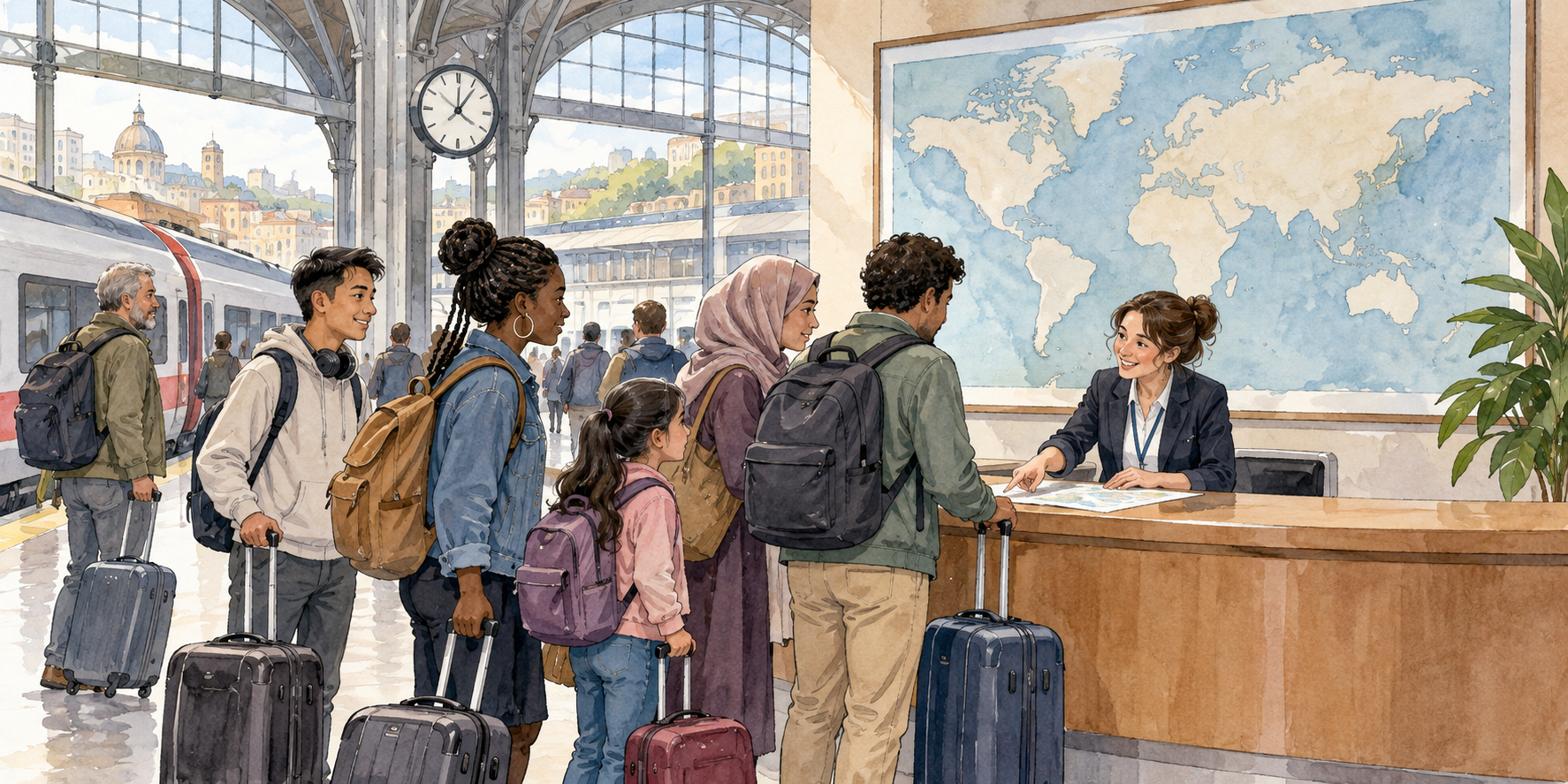 Viaggiatori contemporanei presso uno sportello ferroviario e una carta muta.