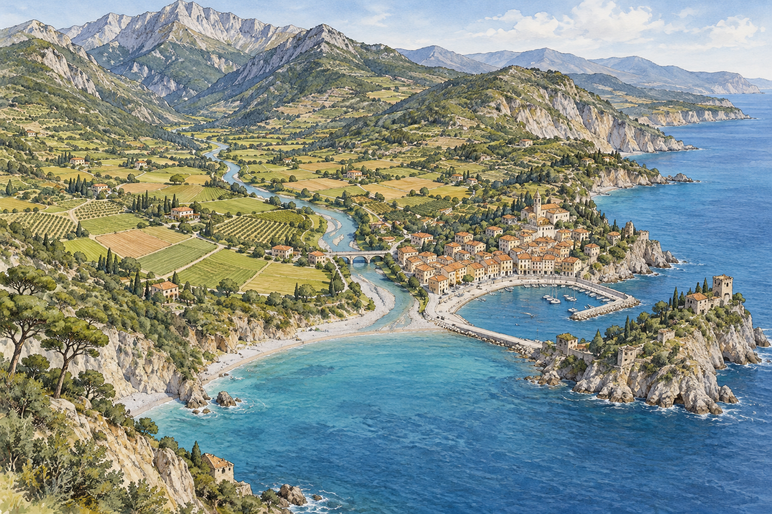 Paesaggio costiero con rilievi, valle, fiume, campi e insediamento presso il mare.