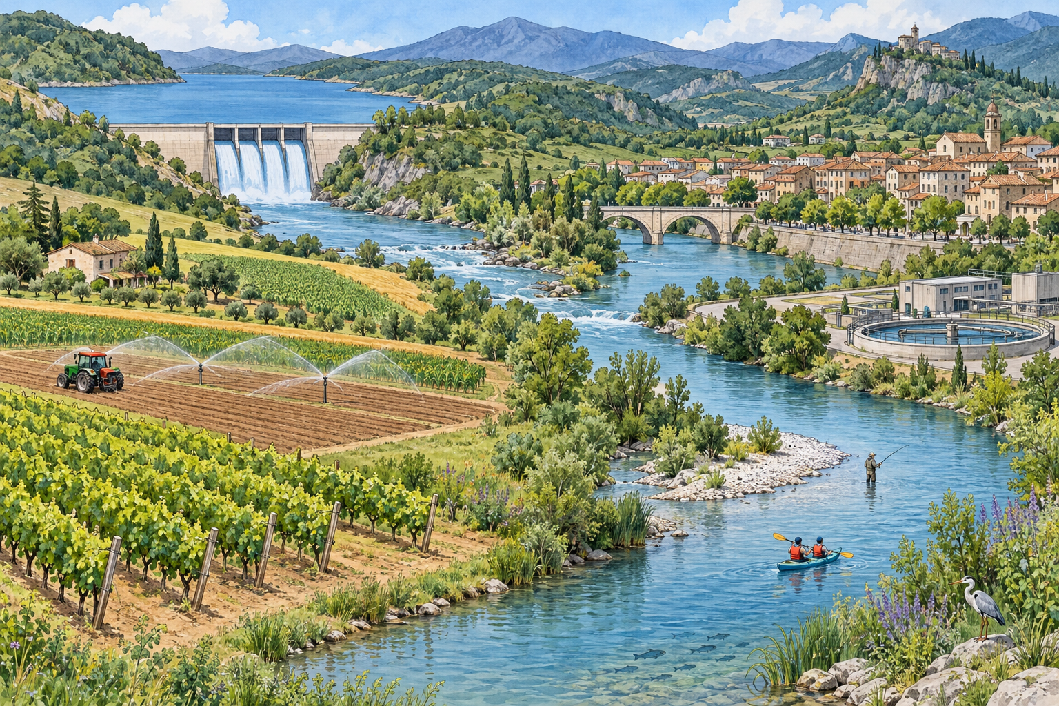 Bacino, fiume, campi irrigati e città nello stesso paesaggio contemporaneo.
