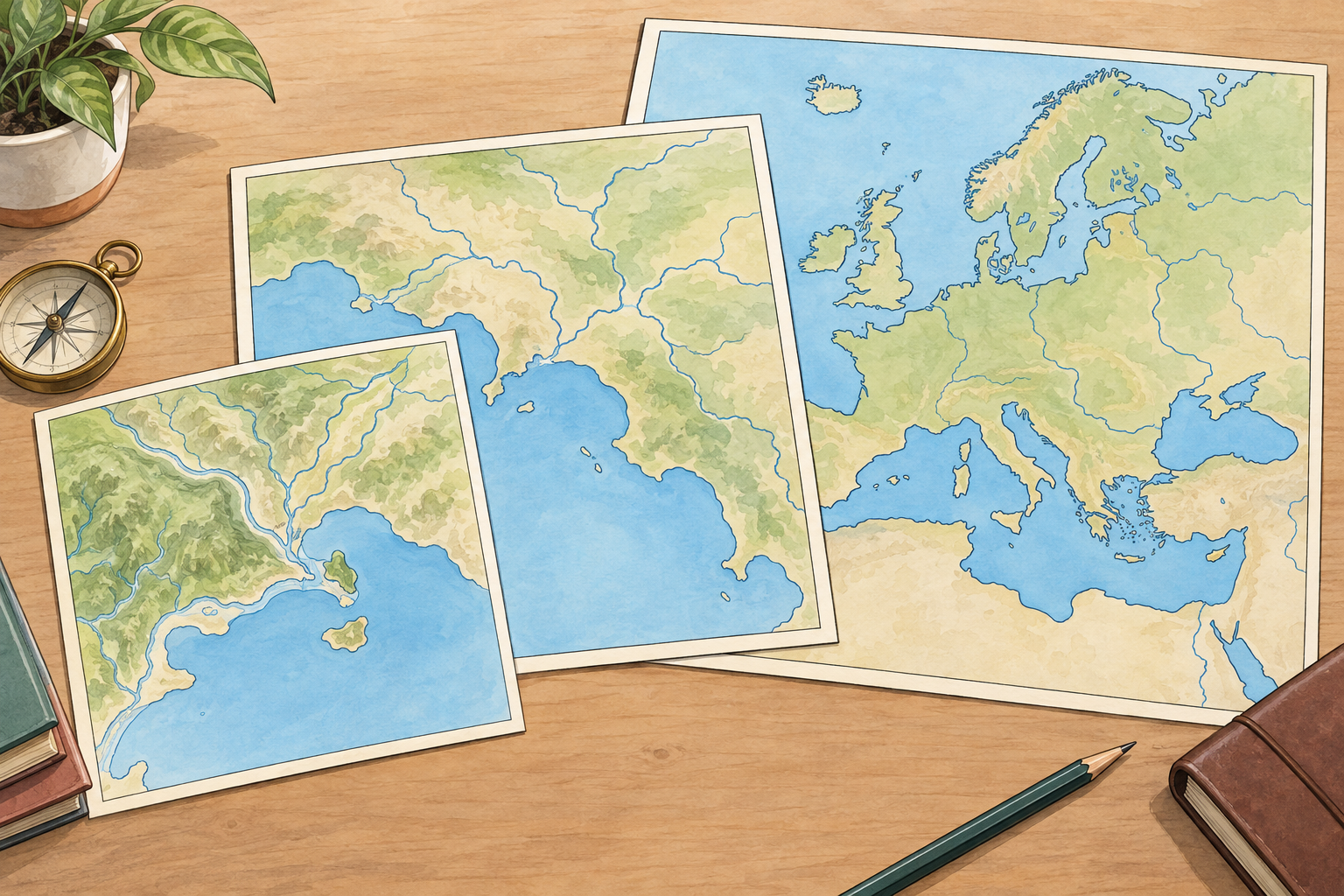 Tre carte sovrapposte con estensione diversa, da locale a europea.