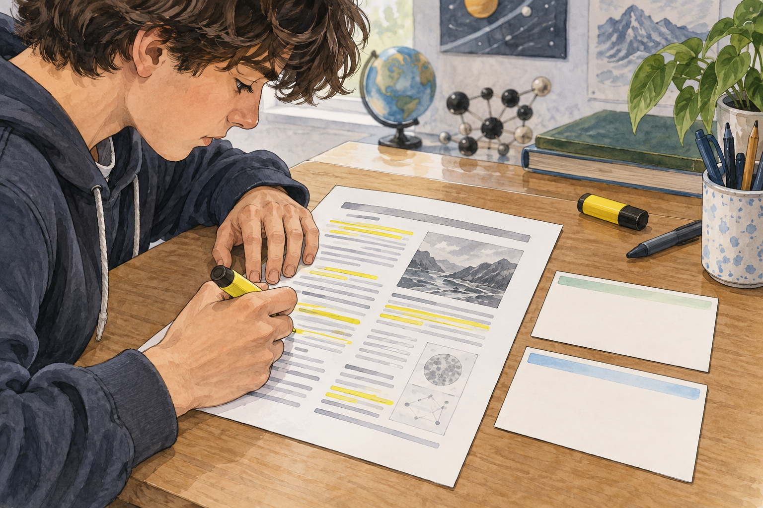 Uno studente evidenzia un articolo dai segni illeggibili accanto a due schede vuote.