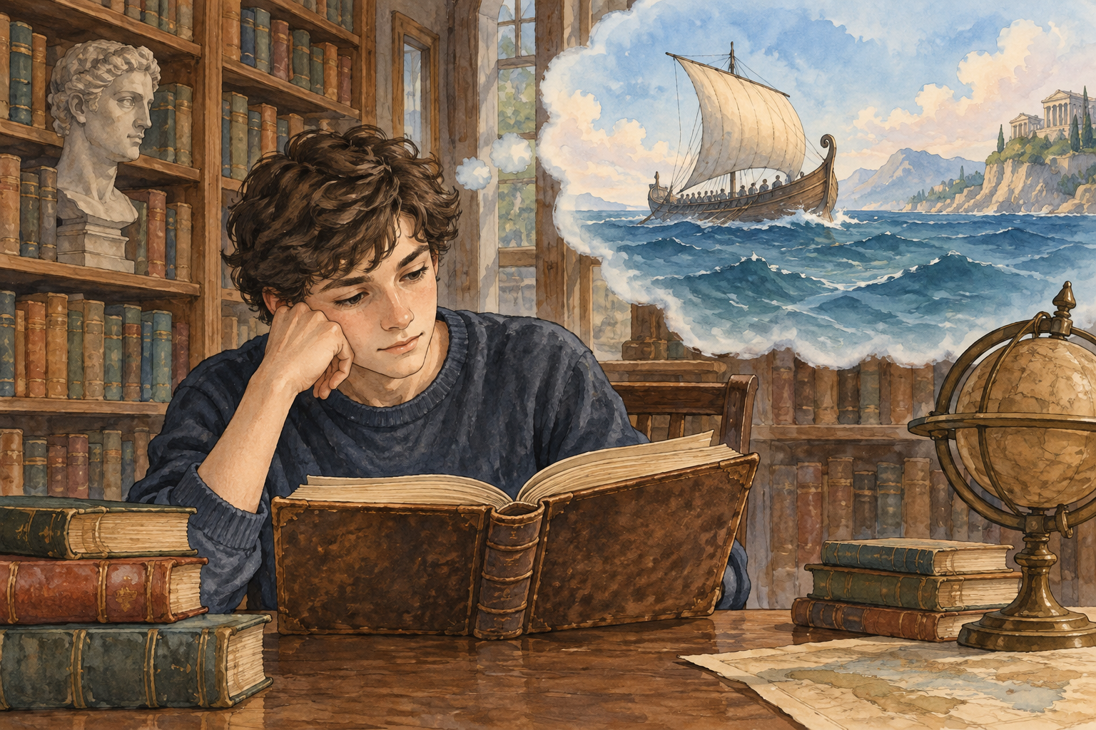 Un ragazzo legge un libro e immagina un viaggio per mare.