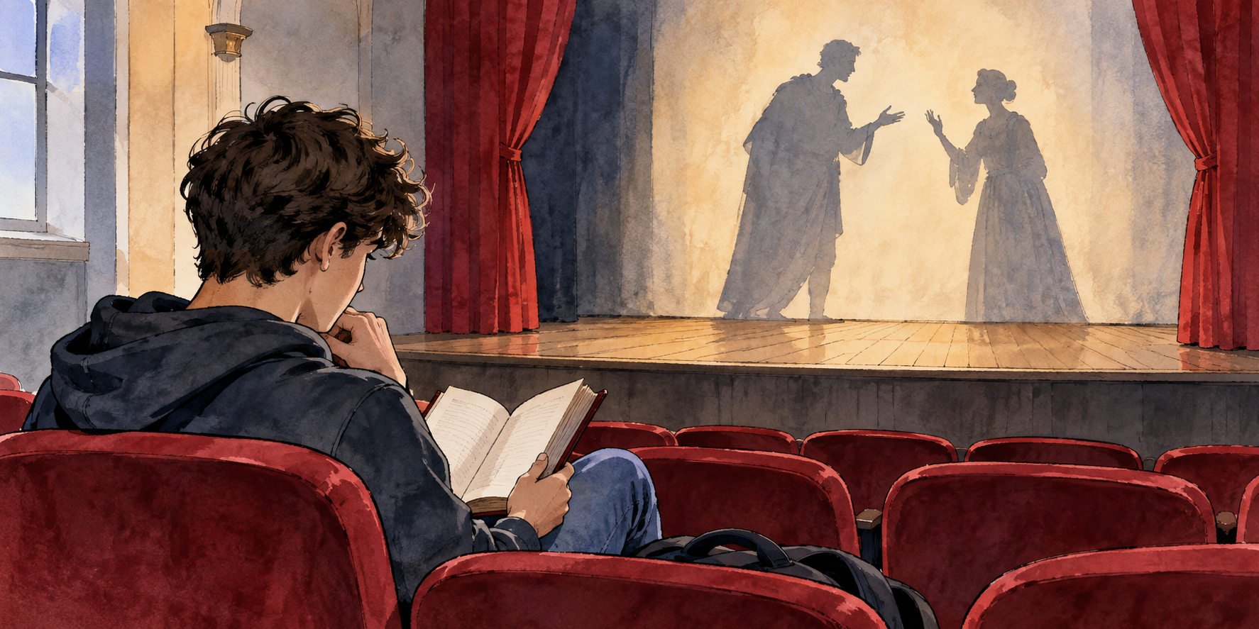 Studente legge in teatro mentre immagina due personaggi che discutono.