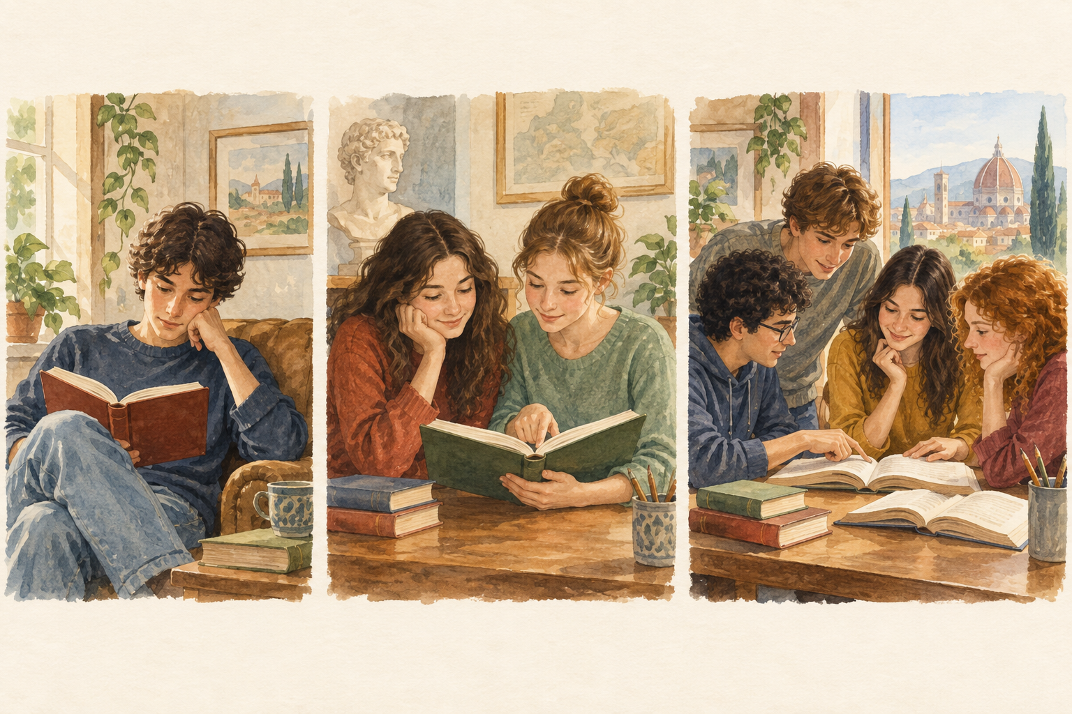 Tre gruppi di studenti che leggono, con numerosità diversa.