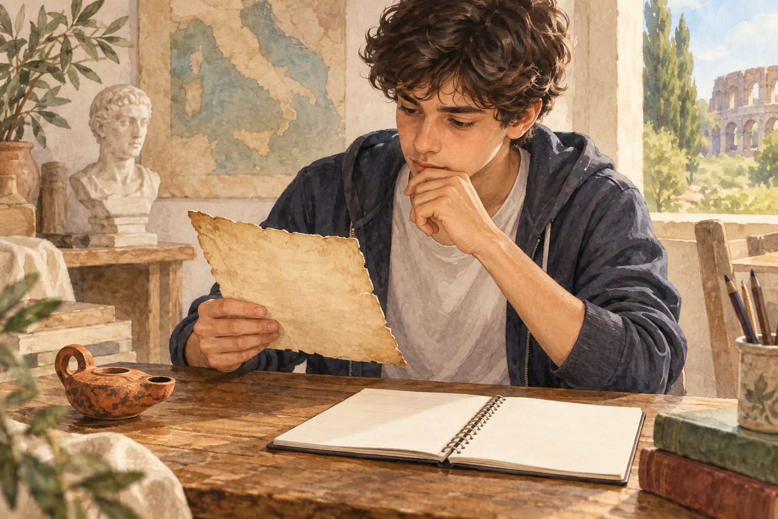 Studente moderno con pergamena e quaderno vuoti.