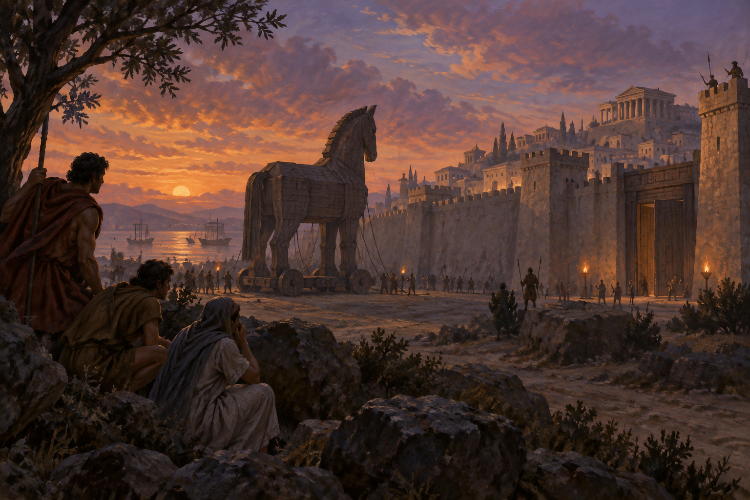 Cavallo di legno davanti a una città murata; illustrazione interpretativa dell'episodio.