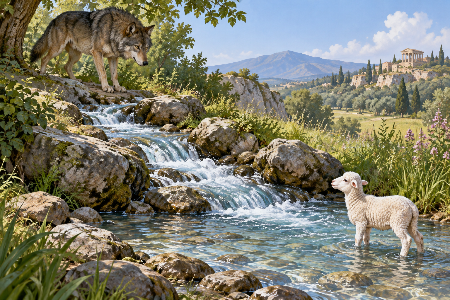 Un lupo a monte e un agnello a valle dello stesso ruscello; illustrazione interpretativa.