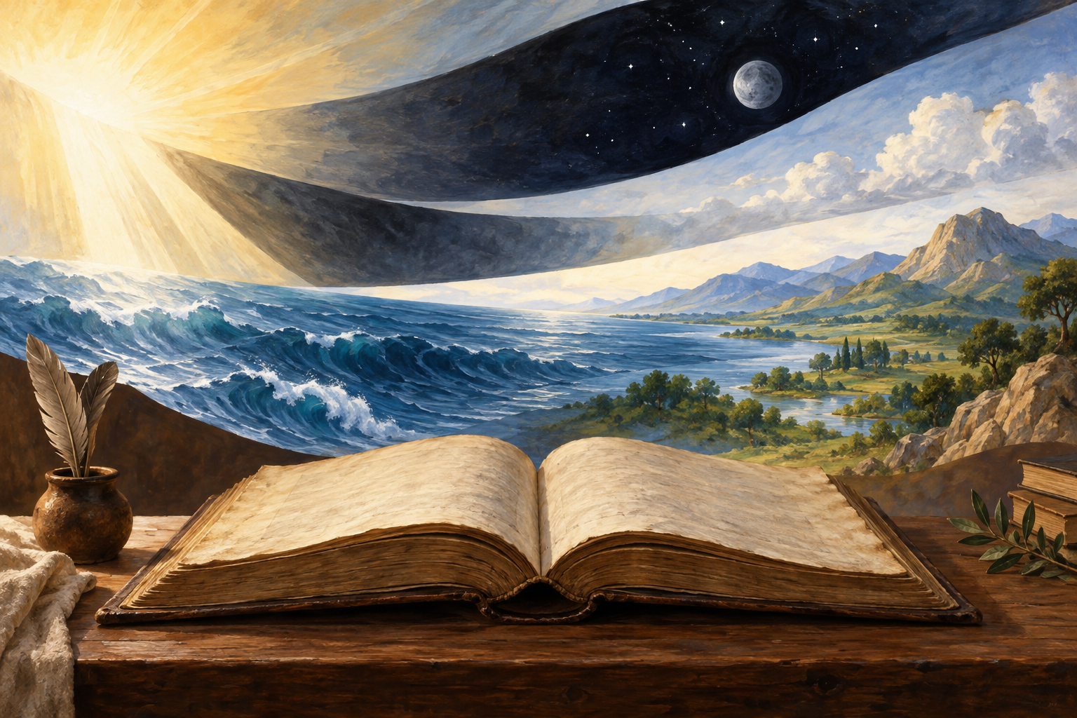 Libro aperto davanti a un paesaggio simbolico di luce, buio, acqua e terra.
