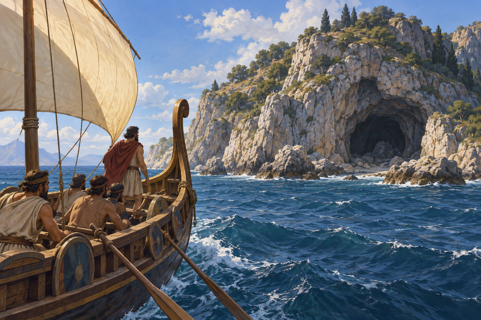 Una nave davanti a una costa rocciosa e a una grotta; illustrazione interpretativa.
