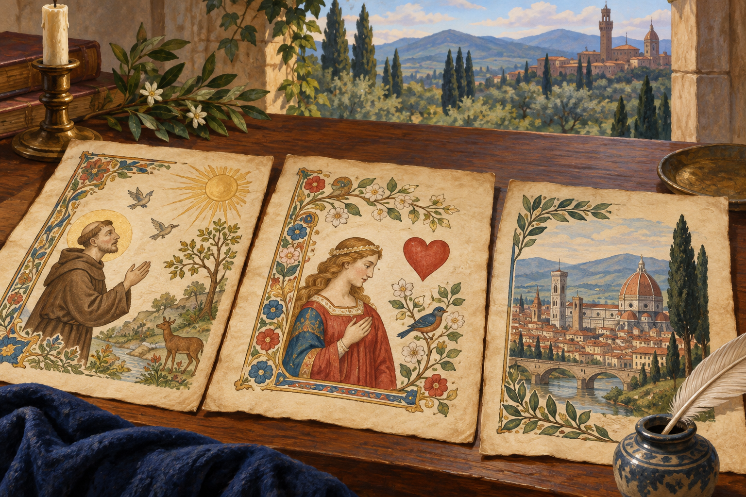 Tre carte illustrate con sole, cuore e città; composizione simbolica moderna.
