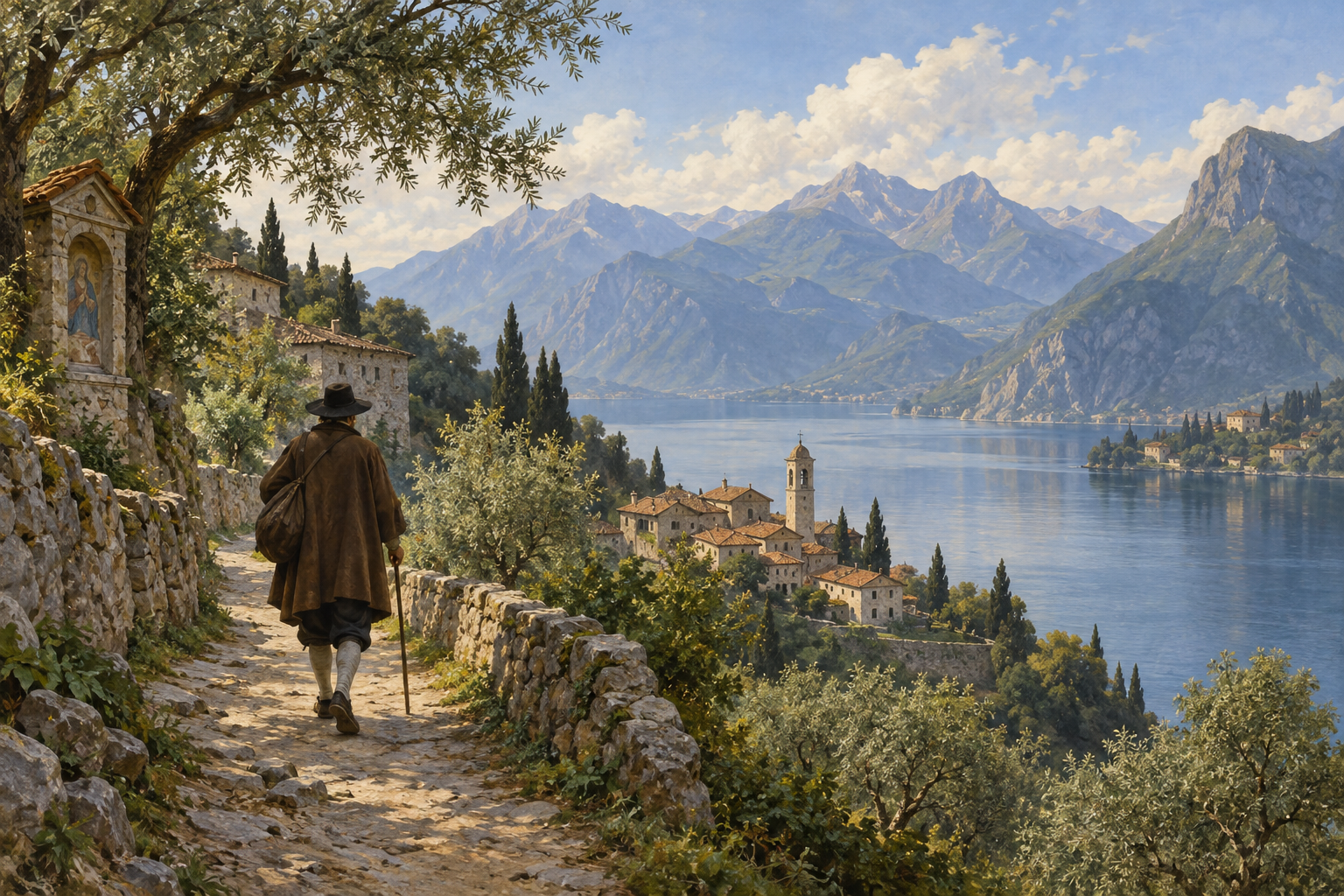 Un viandante su un sentiero sopra un lago; evocazione del paesaggio, non scena letterale.