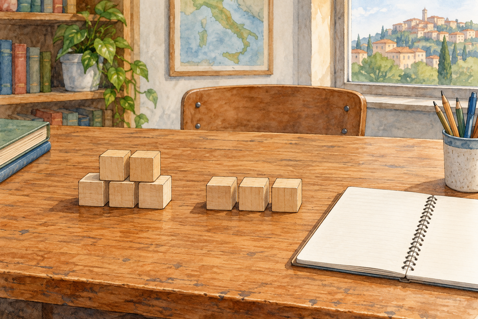 Blocchetti di legno in due gruppi su un banco con quaderno vuoto.