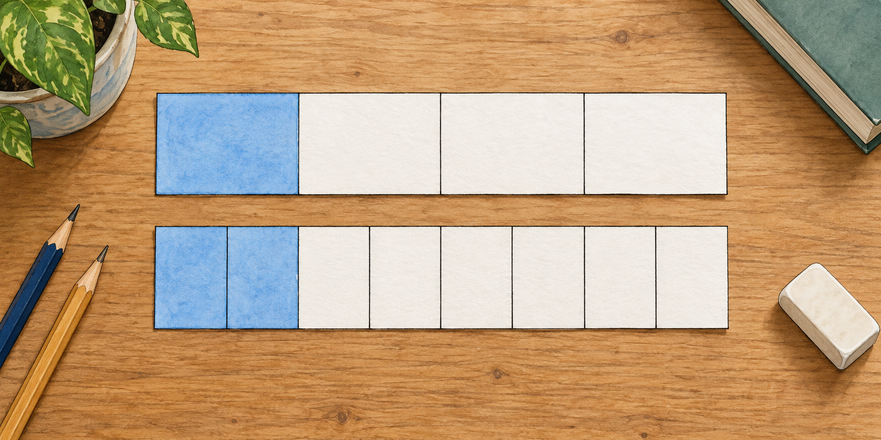 Due strisce uguali: un quarto e due ottavi colorati.