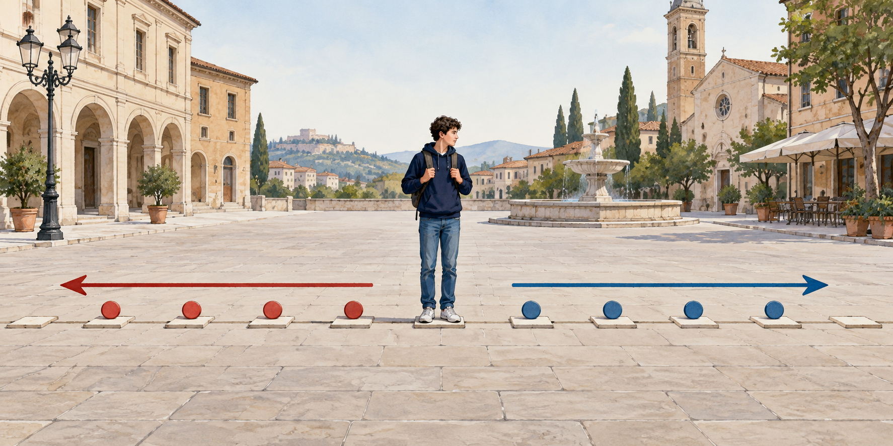 In una piazza uno studente è su una casella centrale; quattro gettoni rossi e una freccia sono a sinistra, quattro gettoni blu e una freccia a destra.
