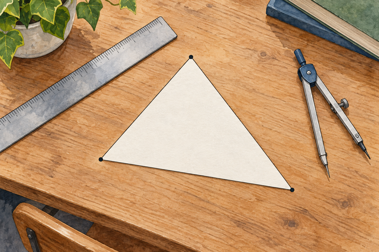 Triangolo di carta con righello e compasso su un banco.