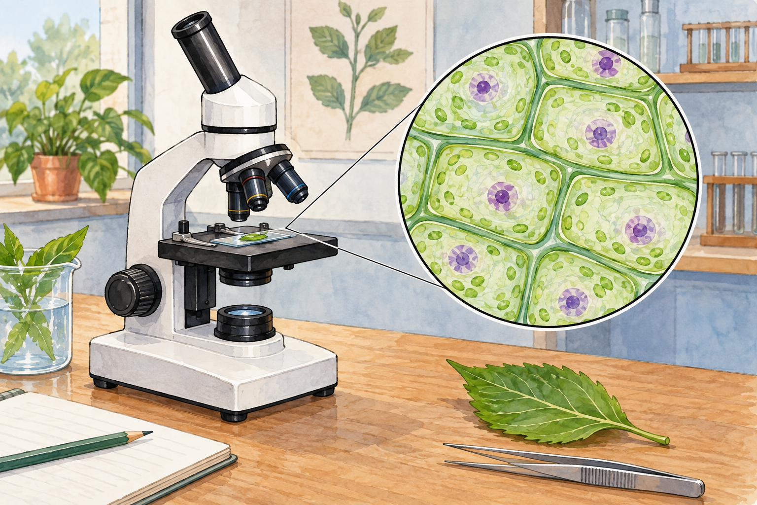 Microscopio e ingrandimento stilizzato di cellule vegetali con pareti e organelli.