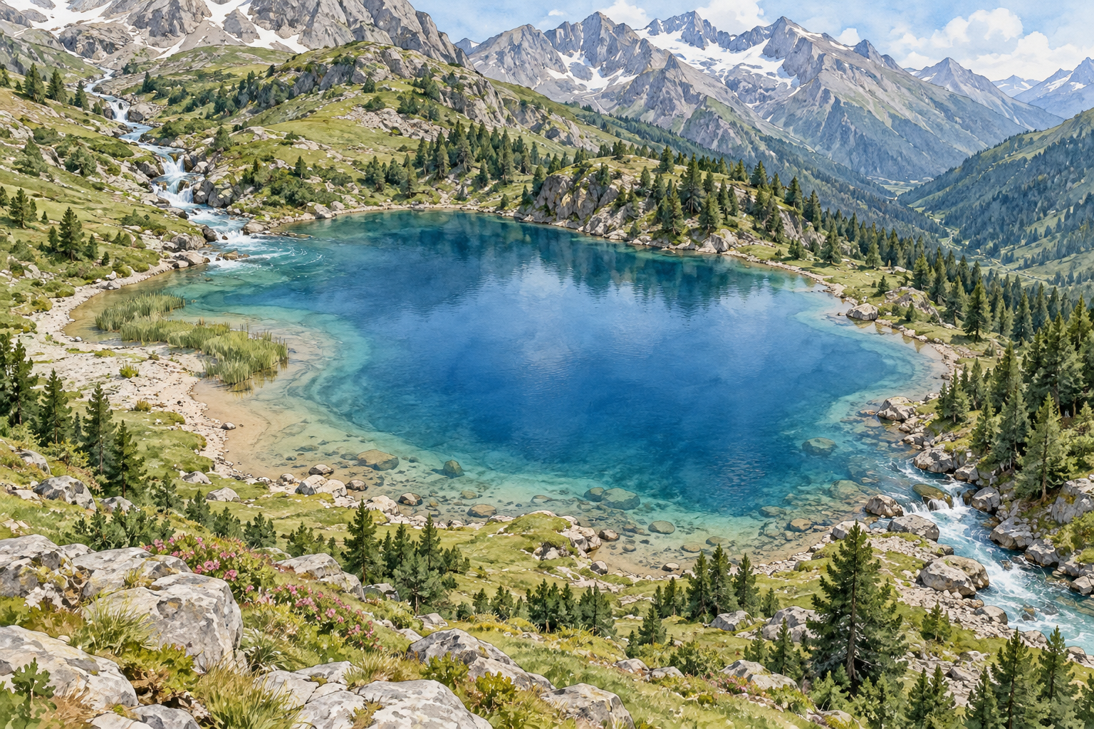 Lago alpino con un corso d'acqua in entrata e uno in uscita.